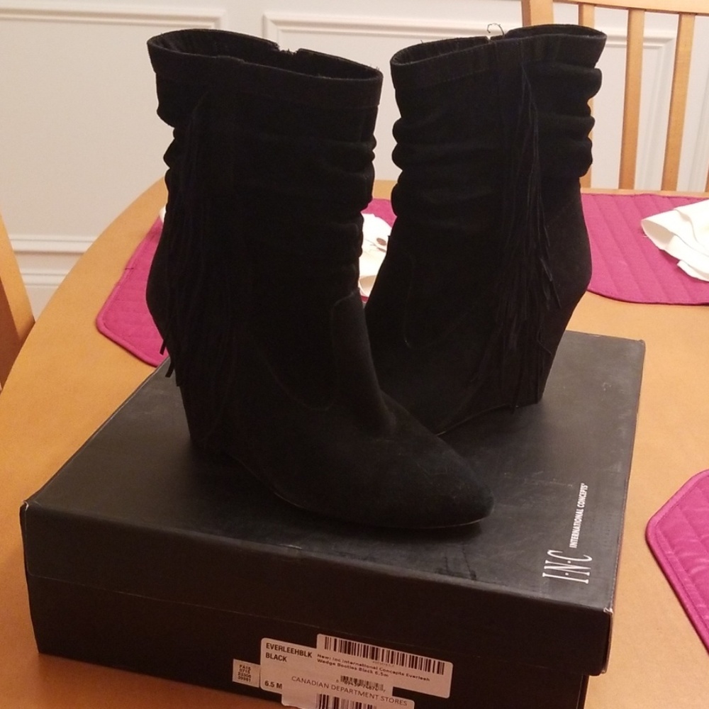 Inc black suede fringe wedge boot